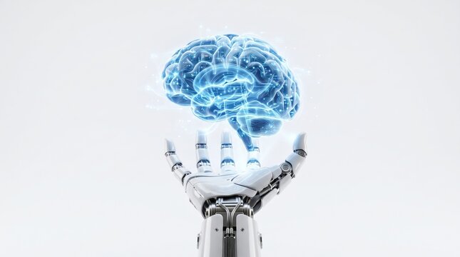 A futuristic robotic hand holding a glowing blue digital human brain model representing artificial intelligence and advanced machine learning technology
