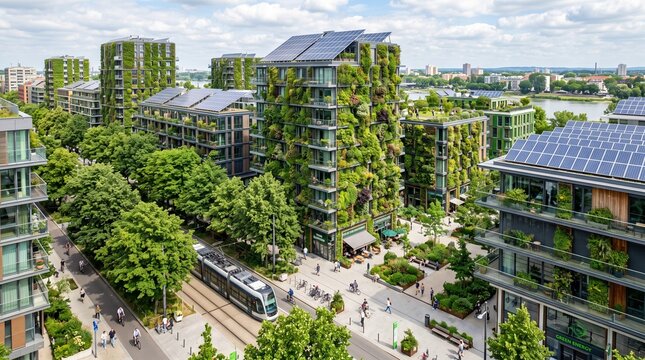 Sustainable green city with vertical gardens and solar panels, eco-friendly urban architecture, modern smart city with renewable energy