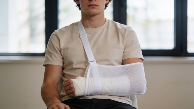 Close Up Of Injured Arm In White Cast Supported By Medical Sling