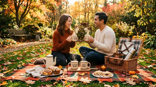 Happy Couple Enjoying A Hot Drink Picnic In A Sunny Autumn Garden