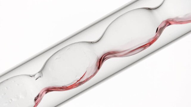 Detailed close view of red transparent fluid being poured and filling up inclined bulb lab condenser placed on a white background