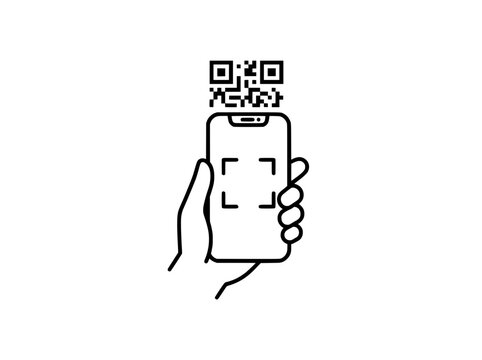 Minimalist QR code scanner icon, hand holding smartphone scanning digital code, mobile payment and verification vector