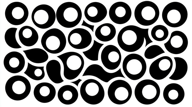 A collection of black and white circles and ovals arranged in a grid-like pattern.