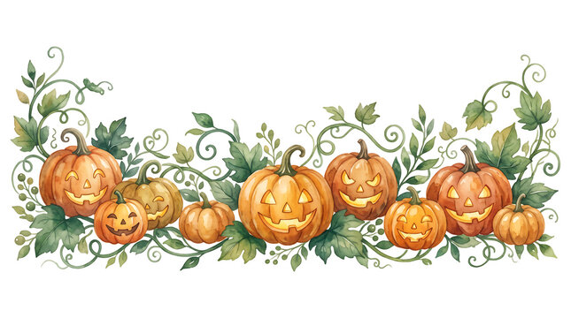 Watercolor jack o lantern pumpkin patch border with glowing carved faces and green vines, Halloween autumn garland on paper texture, isolated illustration