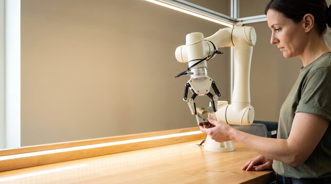 Assembly worker taking part from collaborative robot arm the moment their hands meet, human robot collaboration with copy space