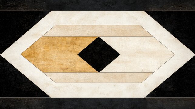 A geometric design with a black diamond in the center, surrounded by beige and gold stripes.