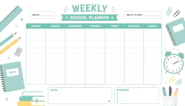 Mint Green Weekly School Planner Printable Template Vector Layout with Weekly Schedule Goals Notes Clock Notebooks and Stationery Supplies