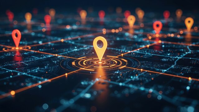 Digital Map with Glowing Location Pins and Central Network Data Visualization