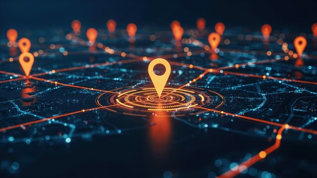 Futuristic Digital Map with Glowing Location Pins and Central Network Data
