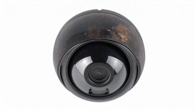 Vintage Security Camera Lens with Rusty Metal Casing Isolated on White Background for Industrial and Surveillance Concepts