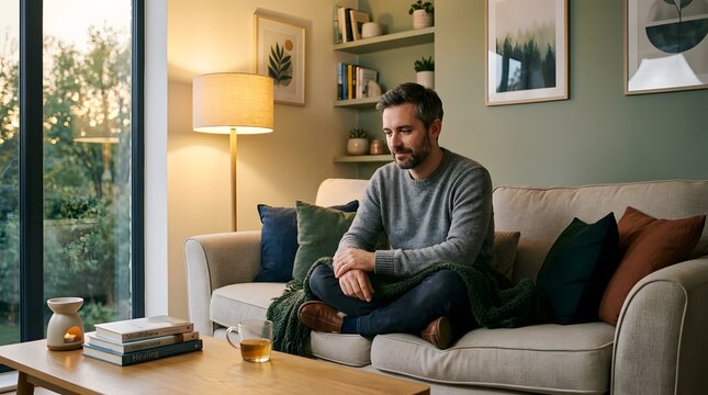 Man relaxing on comfortable sofa in cozy living room with tea