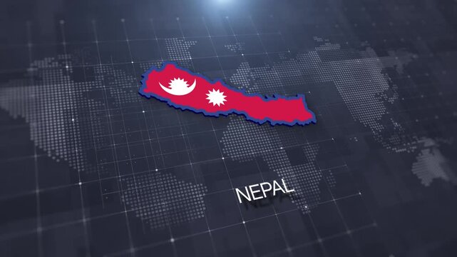 Nepal map with national flag on digital world map background, geographic border, global political and international news concept