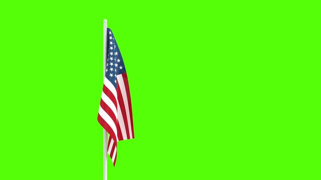 United States flag ripples gently on a white flagpole with stars and stripes visible against a bright green screen background for easy compositing, 3d animation