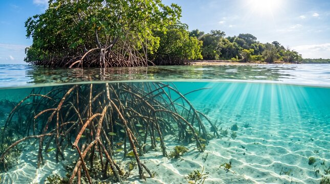Mangrove forest split view, underwater roots in clear tropical water, coastal ecosystem with sun rays and green trees