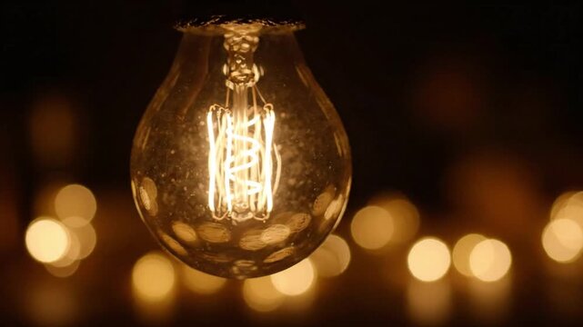 A glowing vintage Edison light bulb against a dark blurred background with bokeh lights.