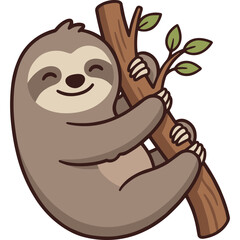 Fototapeta premium Cute Happy Cartoon Sloth Hanging from a Tree Branch, Adorable Lazy Animal Character Vector Illustration