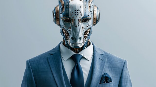 Metallic humanoid portrait: futuristic robot face with intricate details and a formal business suit