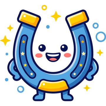 Cute Kawaii Horseshoe Mascot Character with Smiling Face and Stars for Luck Concept Vector Illustration