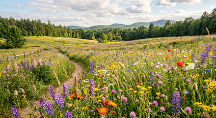 Obraz premium Colorful wildflower meadow with a winding path and distant mountains