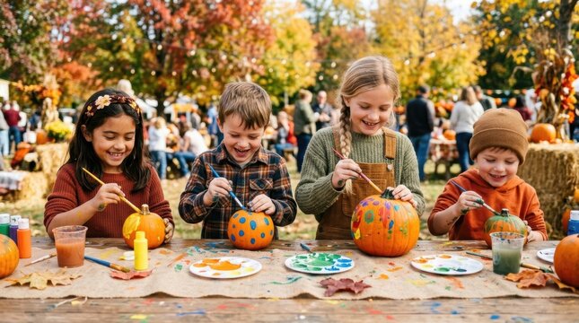 Children happily painting pumpkins at an autumn festival outdoors
