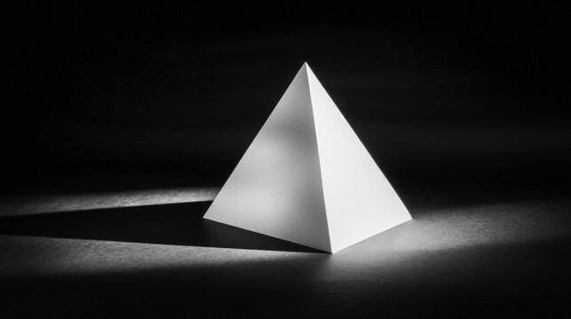 A white pyramid sits on a black surface, casting a shadow on the ground.