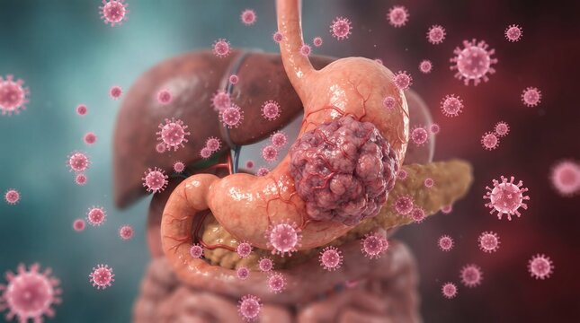 3D illustration of a diseased stomach with tumors and surrounding viruses.
