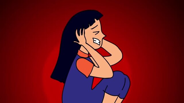 2D animation of a scared girl sitting crouching and covering ears with hands red background anxiety concept