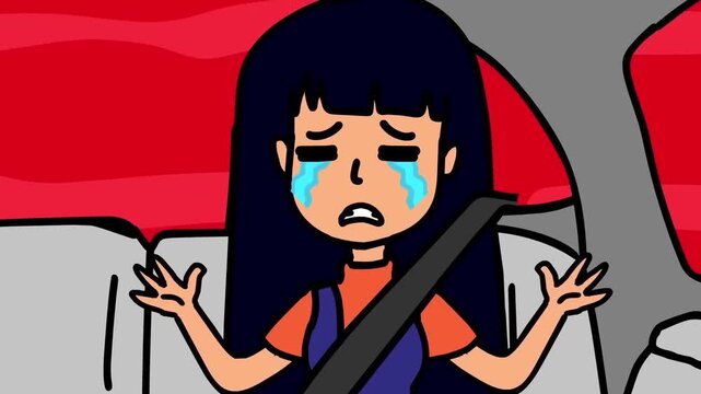 2D animation front view of a sad crying girl wearing a seatbelt inside a car vehicle passenger concept