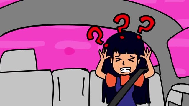 2D animation of a confused girl wearing a seatbelt in car with floating red question mark icons lost drive concept