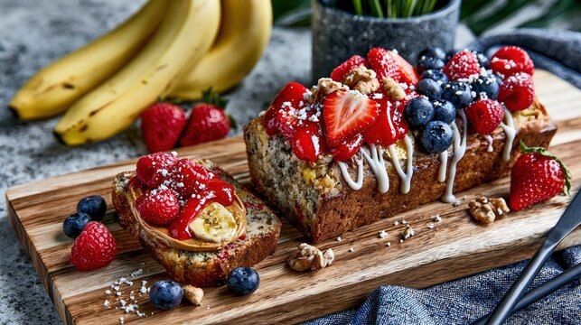 Delicious fruittopped loaves served on a wooden board.