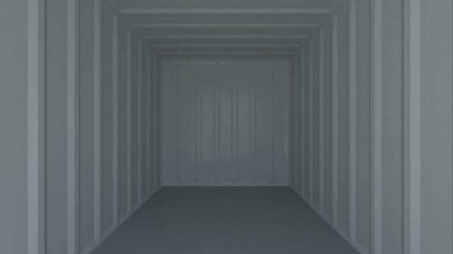Camera pushes forward through the open doors of a blue freight container, revealing an empty metal cargo interior in bright daylight, 3D animation