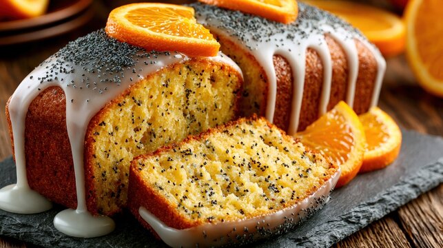 Delicious loaf cake glazed with white icing and adorned with orange slices and poppy seeds.