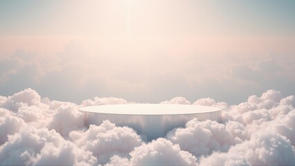 Fototapeta premium Silver cylinder platform floats amid fluffy clouds. Soft light creates dreamy, ethereal scene. Minimalist presentation space.