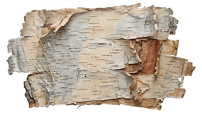 Natural textured birch bark pieces isolated on white background for rustic design elements or organic product packaging backgrounds