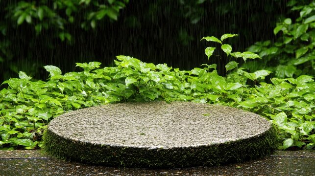 A stone step in a garden, surrounded by lush green plants and rain.