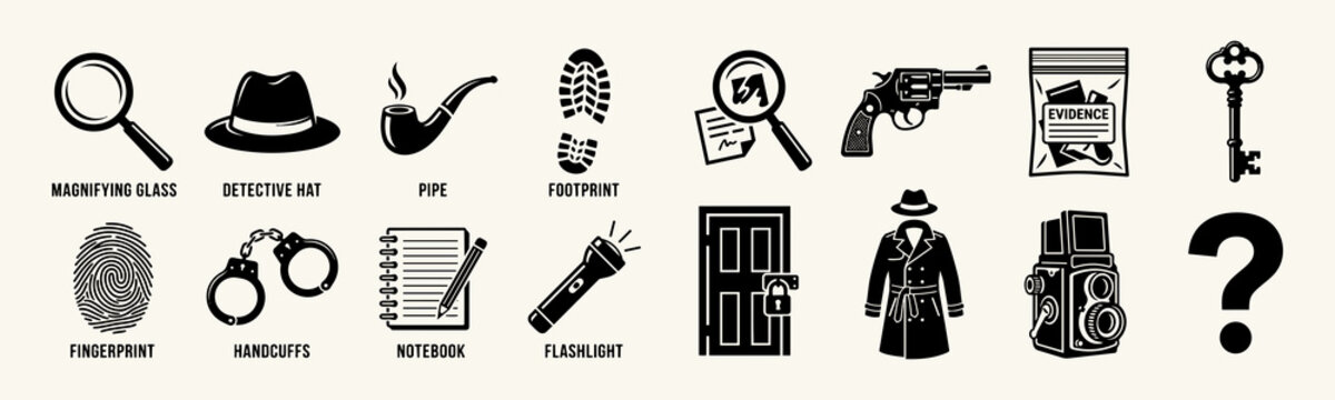 Detective crime mystery secret agent investigation and forensic icon set