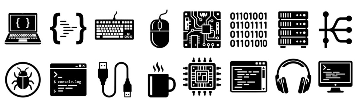 Software development coding programming language and developer tools icon set