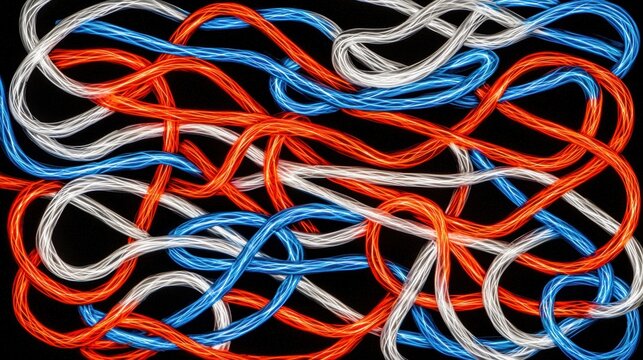 A complex web of red, white, and blue lines against a black background.