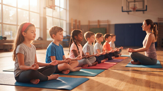Children practicing yoga and meditation in a school gymnasium with their instructor