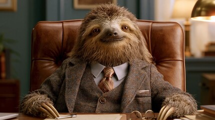 Naklejka premium A sloth dressed in a tailored suit and tie sits in a leather armchair, poised for business