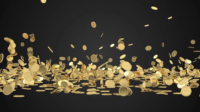 Animated gold coins rain down, bounce, and spread into a glittering pile across a dark surface, creating a finance and wealth concept in 3D animation