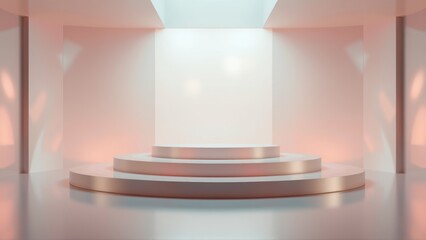Obraz premium Minimalist stage setup. Circular platforms, soft lighting, neutral colors create modern presentation space. Focus on center display area.