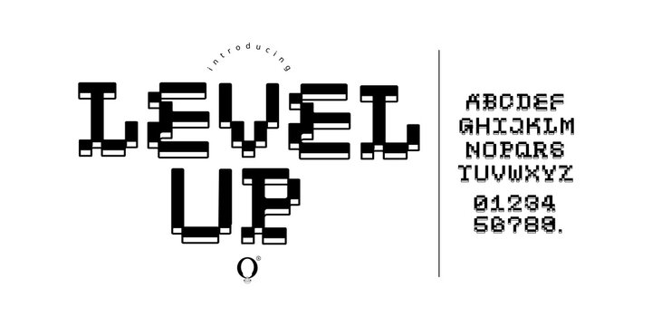 Level Up: A 90s retro pixel gaming font. 8-bit arcade display typeface for indie video games and nostalgic streaming.