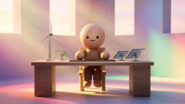風力と太陽光のエネルギー模型がある朝の管制室で、疲労から回復し自信を取り戻すクレイ人形の3Dアニメーション