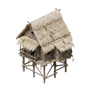 Rustic Traditional Wooden Stilt House with Thatched Roof