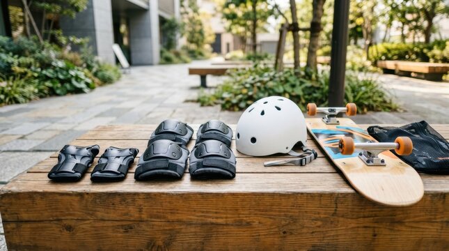 Skateboard safety gear and board laid out on a wooden bench outdoors