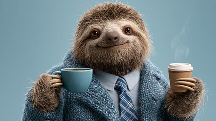 Naklejka premium A fluffy sloth holds a warm beverage, dressed in a tailored suit and tie, against a muted blue backdrop