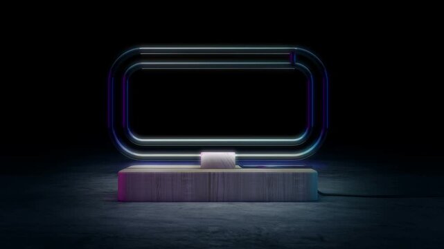 Minimal glowing rectangular neon lamp mounted on a wooden base flickers between cool blue and bright yellow light in a dark studio setting, seamless loop 3D render