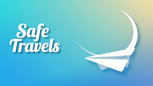Safe Travels greeting with a white paper airplane on a blue gradient background for vacation and trip wishes
