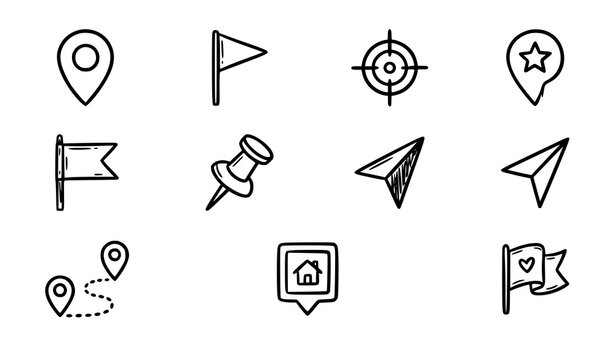 Collection of hand drawn navigation and location map icons featuring pins flags targets and direction markers on a white background